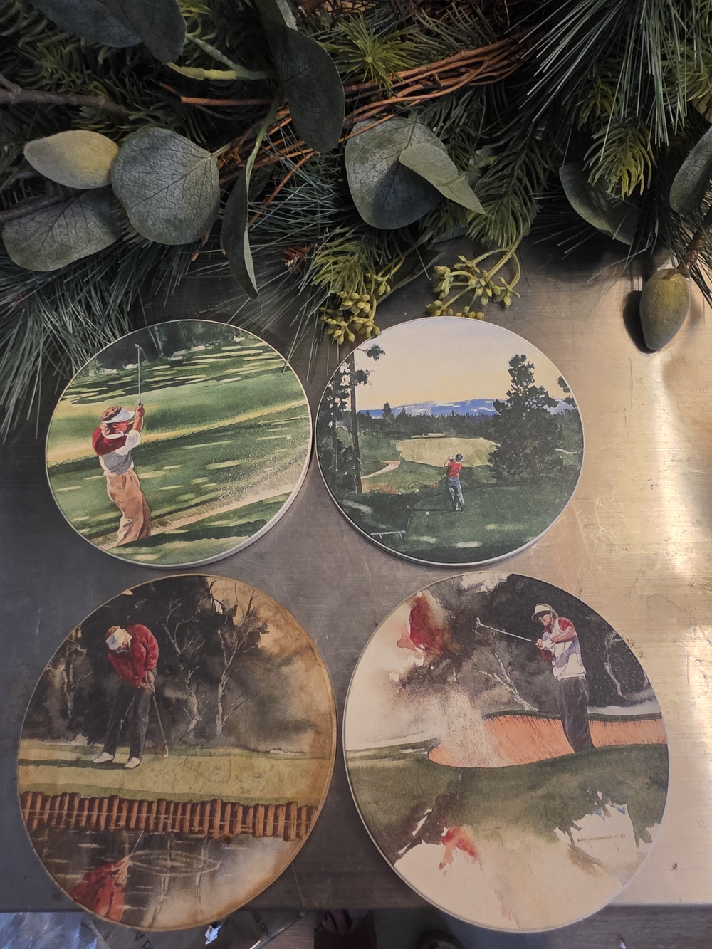 Golf Scene Round Coasters Set of 4 - Green/Brown Artwork